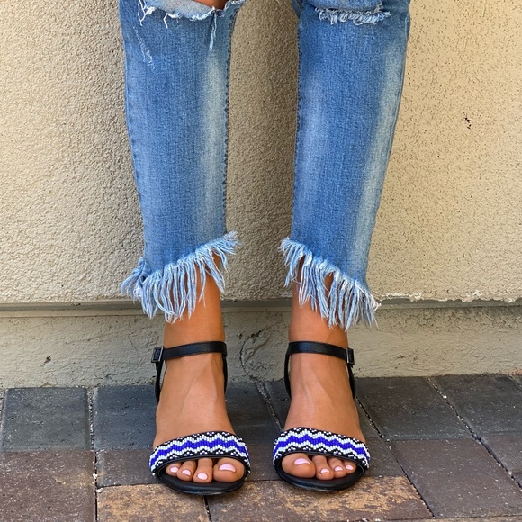 Beads Embellished Ankle Strap Kitten Wedge Sandals - Picture 6 of 11